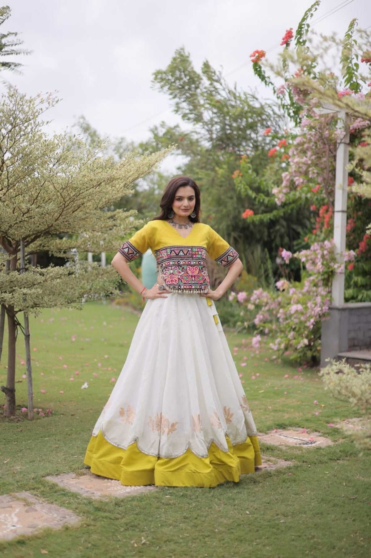 Roman Fabric Navratri Lehenga Choli with Kutchi Gamthi Embroidery Work styling view
