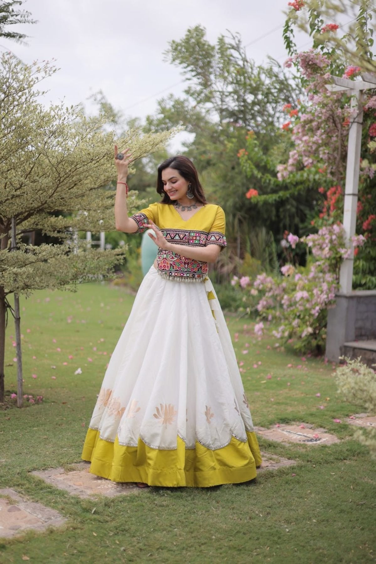 Roman Fabric Navratri Lehenga Choli with Kutchi Gamthi Embroidery Work colour variant view