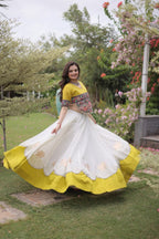 Roman Fabric Navratri Lehenga Choli with Kutchi Gamthi Embroidery Work front view