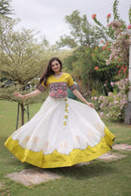 Roman Fabric Navratri Lehenga Choli with Kutchi Gamthi Embroidery Work full drape view
