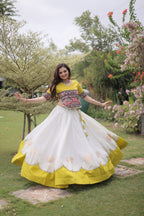 Roman Fabric Navratri Lehenga Choli with Kutchi Gamthi Embroidery Work blouse and dupatta detail