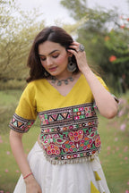 Roman Fabric Navratri Lehenga Choli with Kutchi Gamthi Embroidery Work detailed view