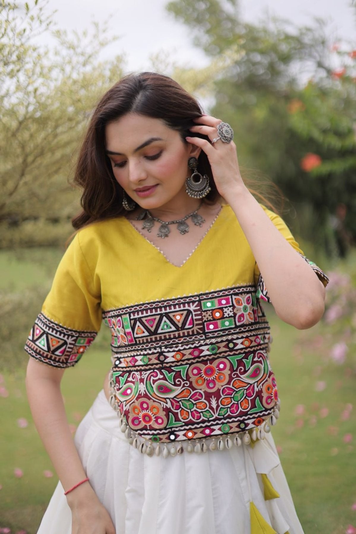 Roman Fabric Navratri Lehenga Choli with Kutchi Gamthi Embroidery Work detailed view