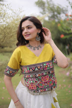 Roman Fabric Navratri Lehenga Choli with Kutchi Gamthi Embroidery Work detailed view