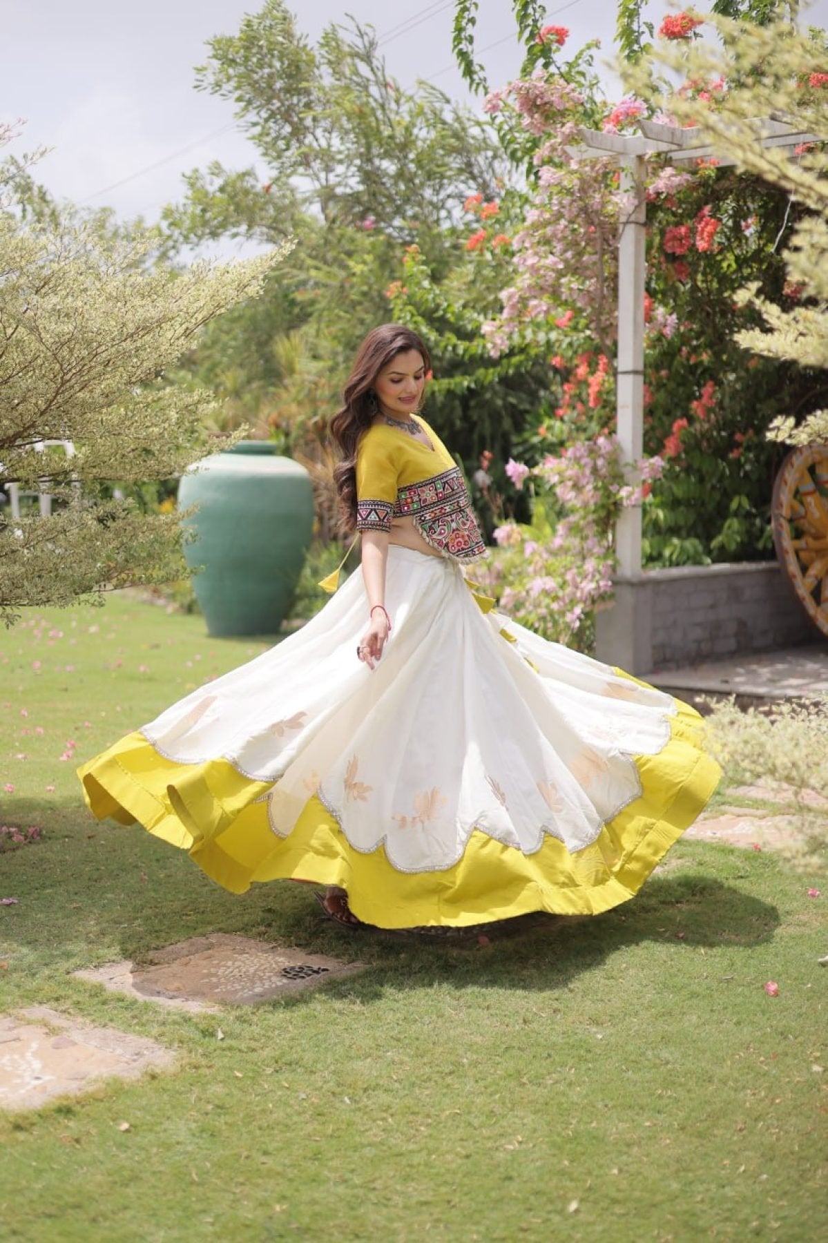 Roman Fabric Navratri Lehenga Choli with Kutchi Gamthi Embroidery Work back view