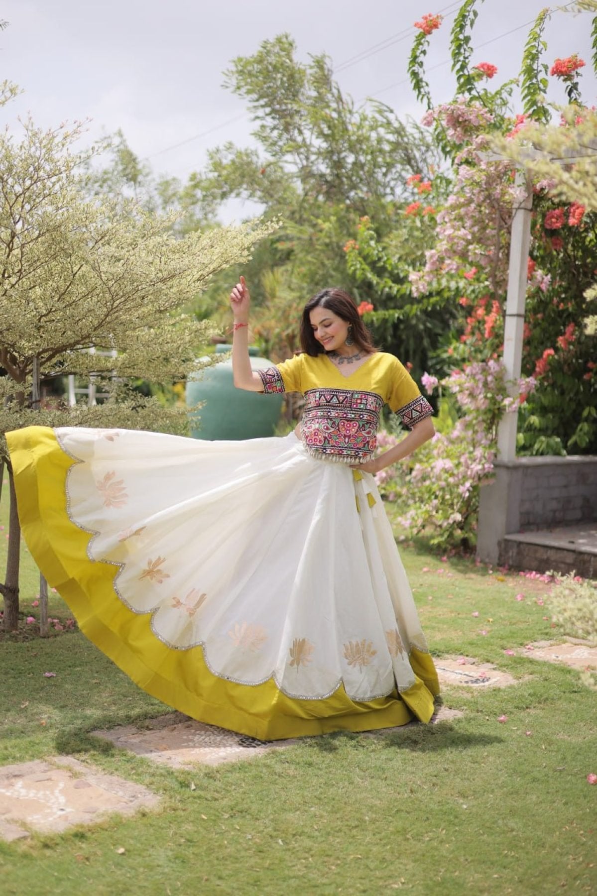 Roman Fabric Navratri Lehenga Choli with Kutchi Gamthi Embroidery Work styling view
