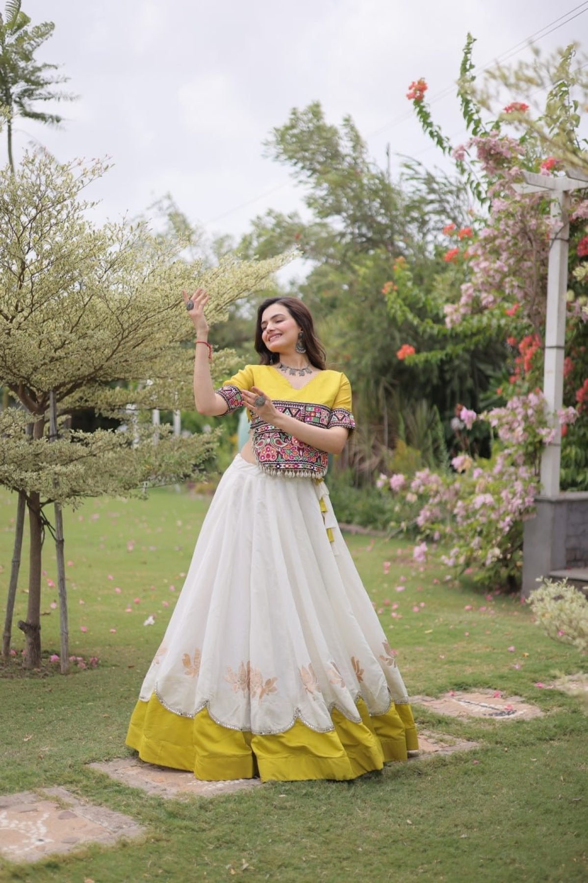 Roman Fabric Navratri Lehenga Choli with Kutchi Gamthi Embroidery Work front view