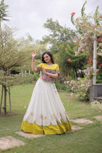 Roman Fabric Navratri Lehenga Choli with Kutchi Gamthi Embroidery Work full drape view