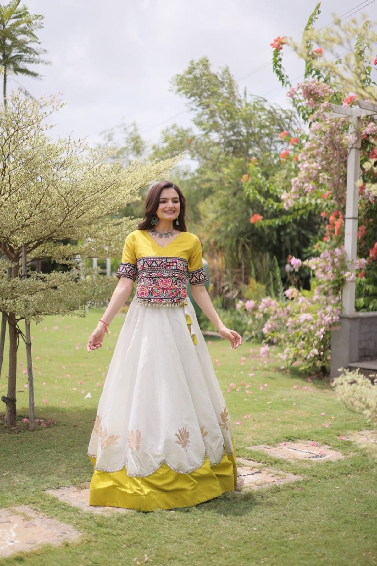 Roman Fabric Navratri Lehenga Choli with Kutchi Gamthi Embroidery Work blouse and dupatta detail