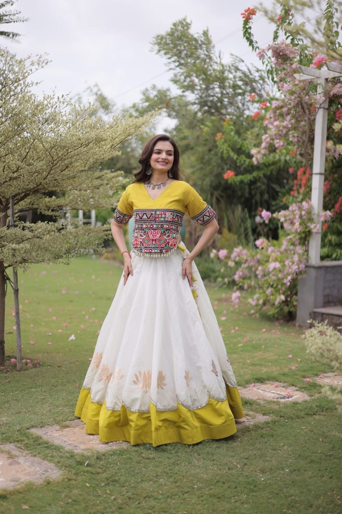 Roman Fabric Navratri Lehenga Choli with Kutchi Gamthi Embroidery Work detailed view
