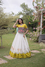 Roman Fabric Navratri Lehenga Choli with Kutchi Gamthi Embroidery Work back view