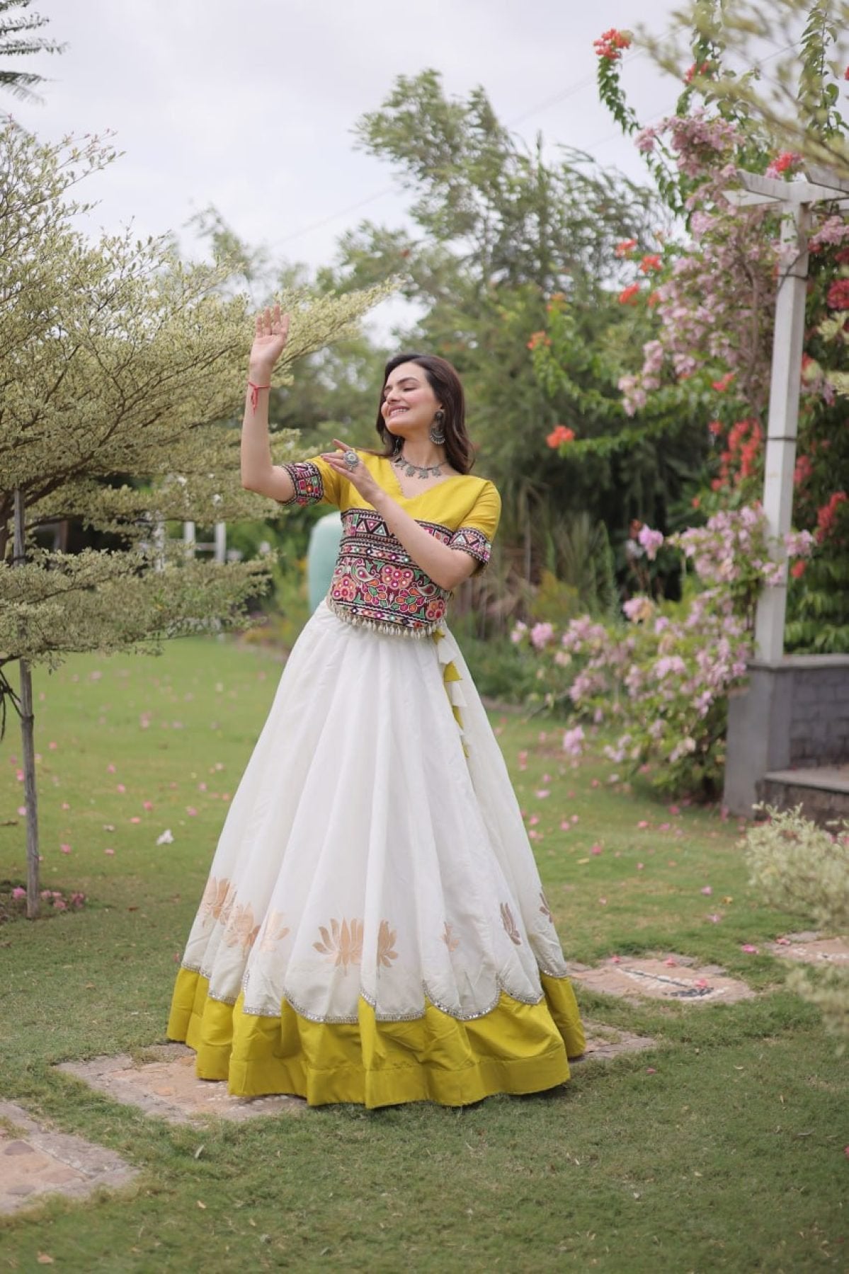 Roman Fabric Navratri Lehenga Choli with Kutchi Gamthi Embroidery Work styling view