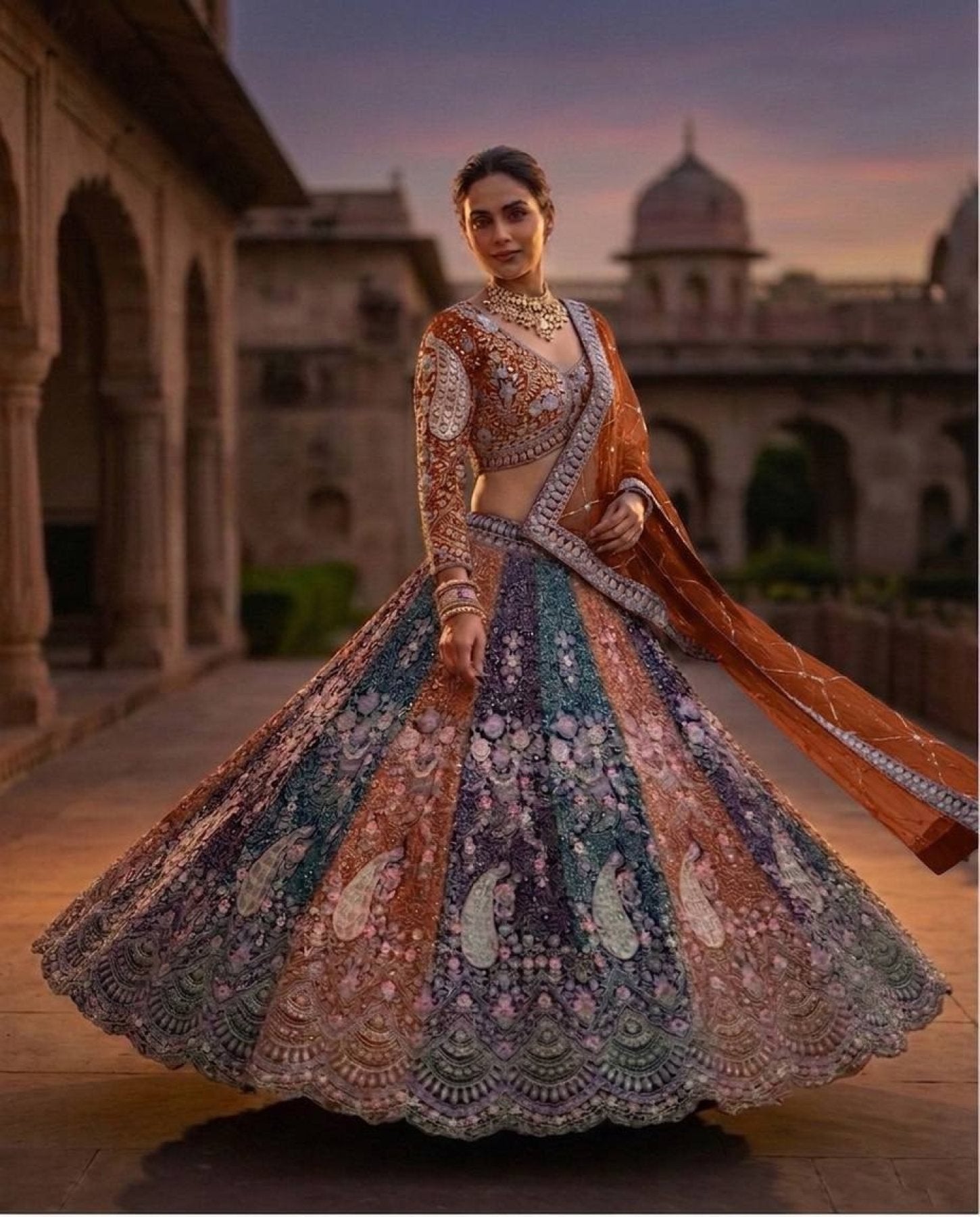 Soft Butterfly Net Lehenga Choli with Heavy Sequins Embroidery full drape view