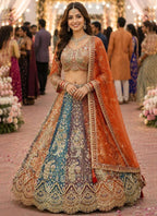 Blue Soft Butterfly Net Lehenga Choli with Heavy Sequins Embroidery full drape view