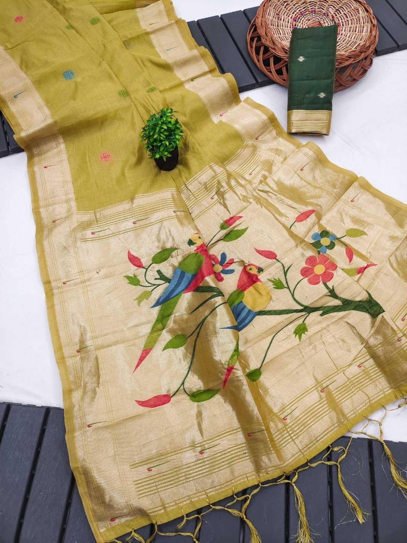Yellow Cotton Saree - side drape view