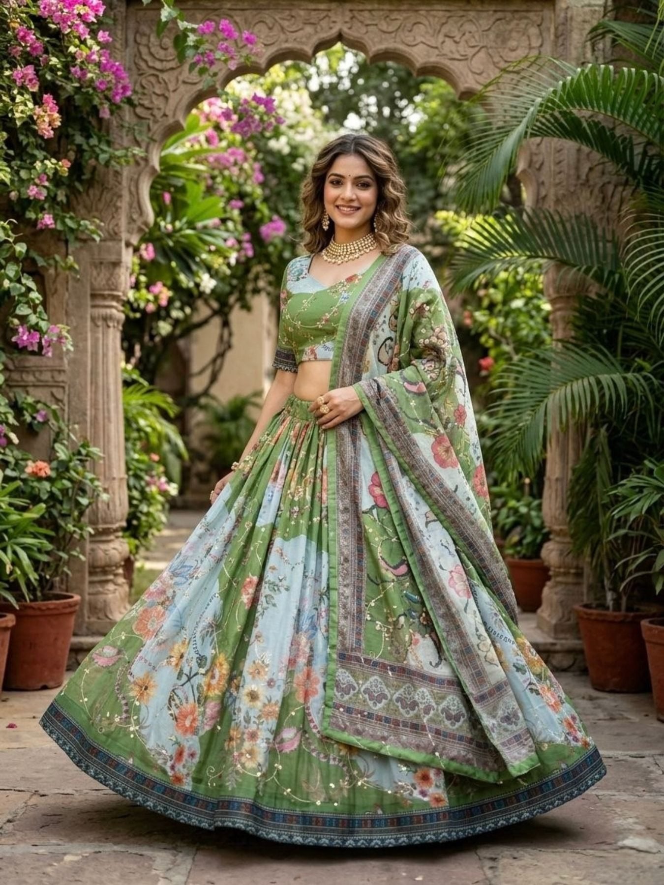Tabby Silk Lehenga Set with Rich Digital Print and Embroidered Dupatta embroidery close-up