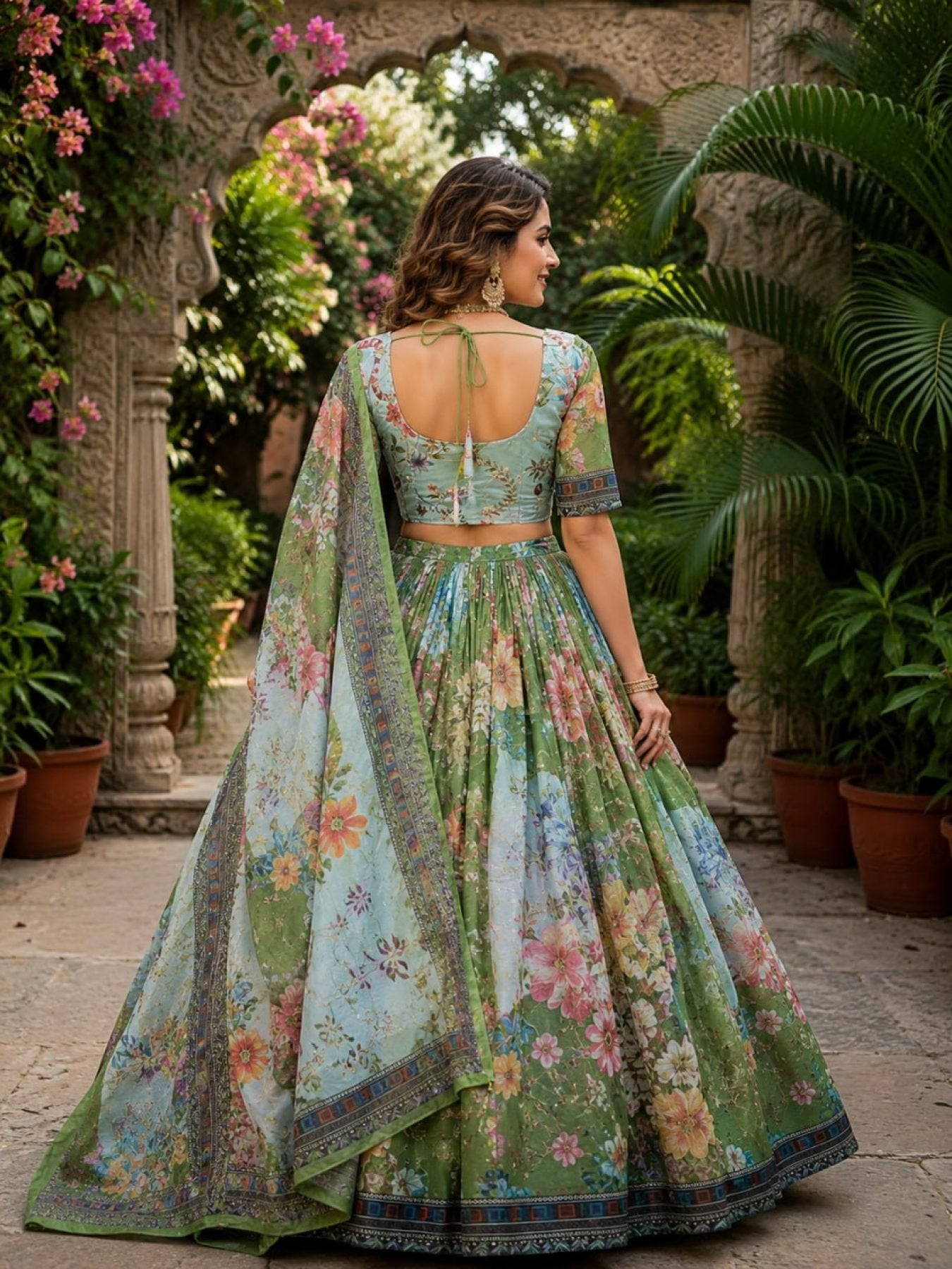 Tabby Silk Lehenga Set with Rich Digital Print and Embroidered Dupatta back view