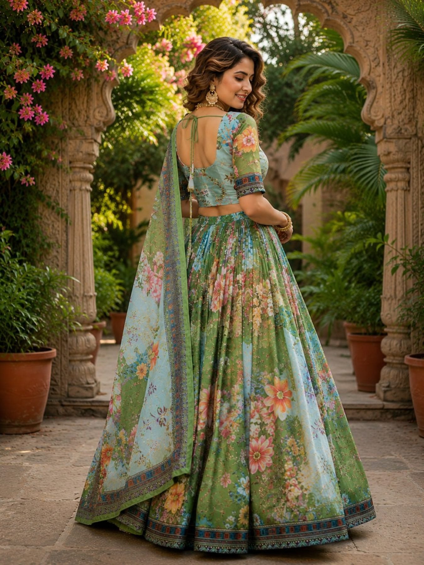 Tabby Silk Lehenga Set with Rich Digital Print and Embroidered Dupatta styling view