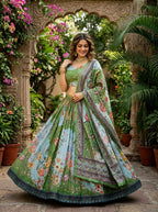 Tabby Silk Lehenga Set with Rich Digital Print and Embroidered Dupatta full drape view
