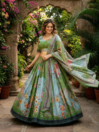 Tabby Silk Lehenga Set with Rich Digital Print and Embroidered Dupatta blouse and dupatta detail