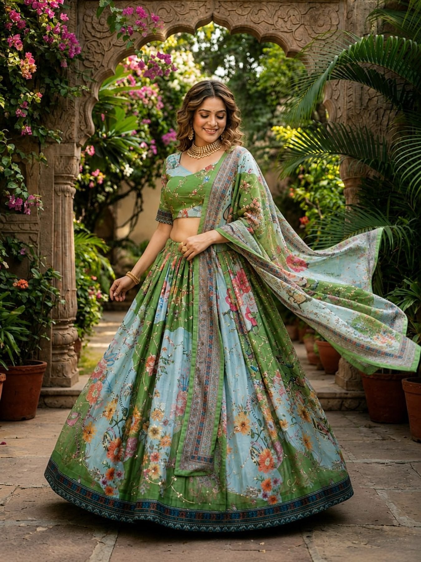 Tabby Silk Lehenga Set with Rich Digital Print and Embroidered Dupatta blouse and dupatta detail