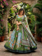 Tabby Silk Lehenga Set with Rich Digital Print and Embroidered Dupatta fabric texture detail