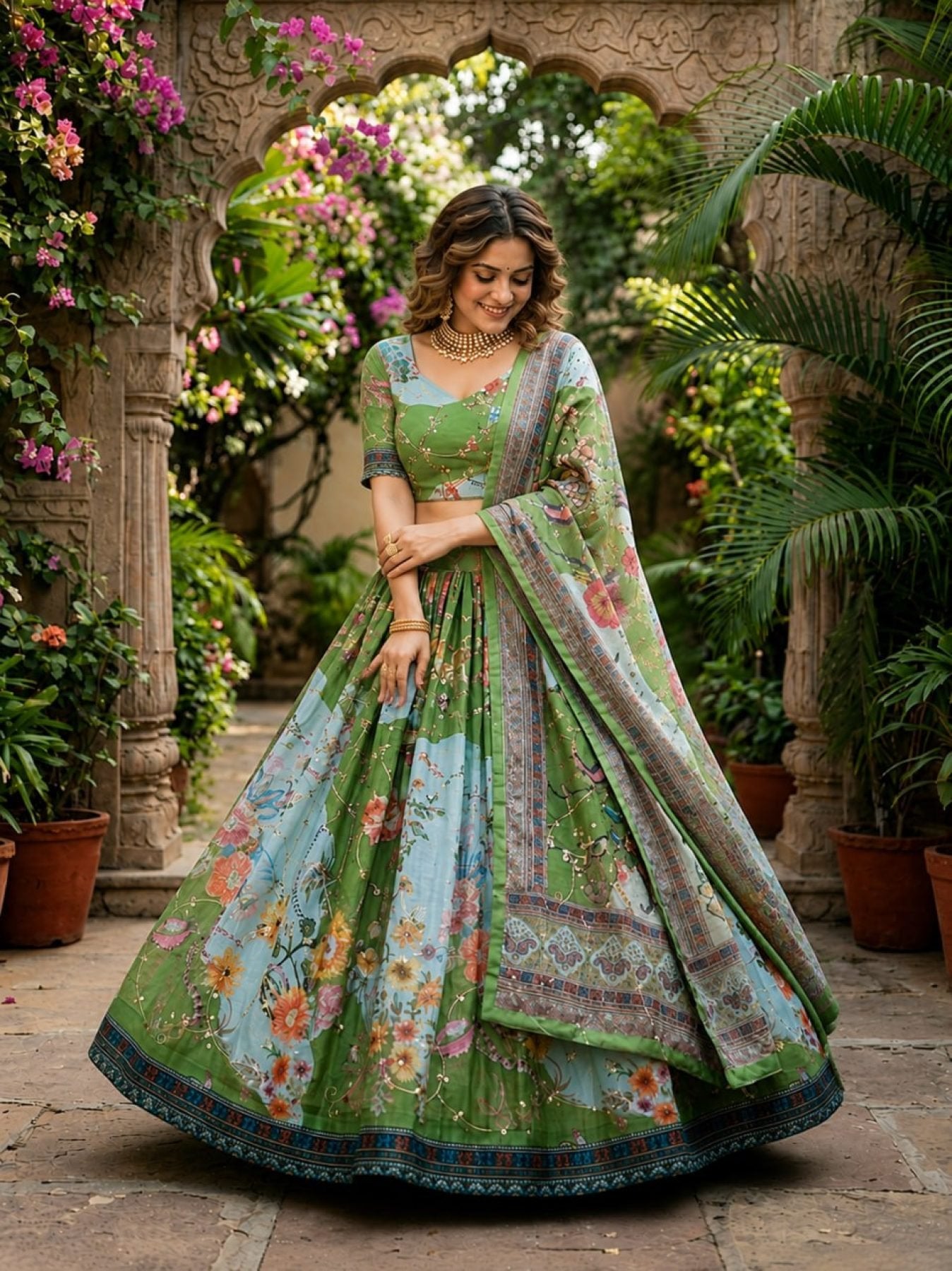 Tabby Silk Lehenga Set with Rich Digital Print and Embroidered Dupatta fabric texture detail
