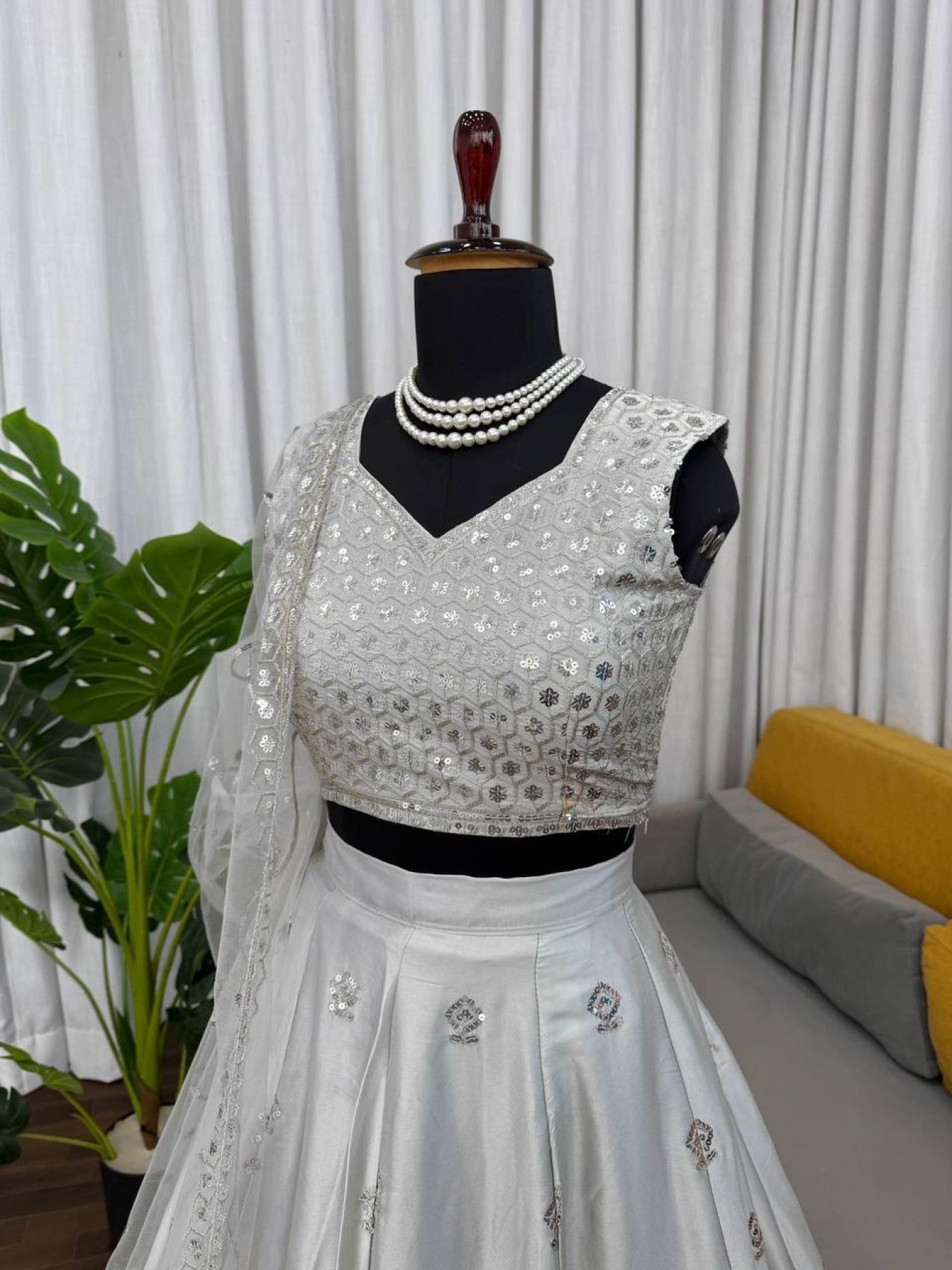 Grey Japan Satin Lehenga with Blouse Work for Wedding Wear full drape view