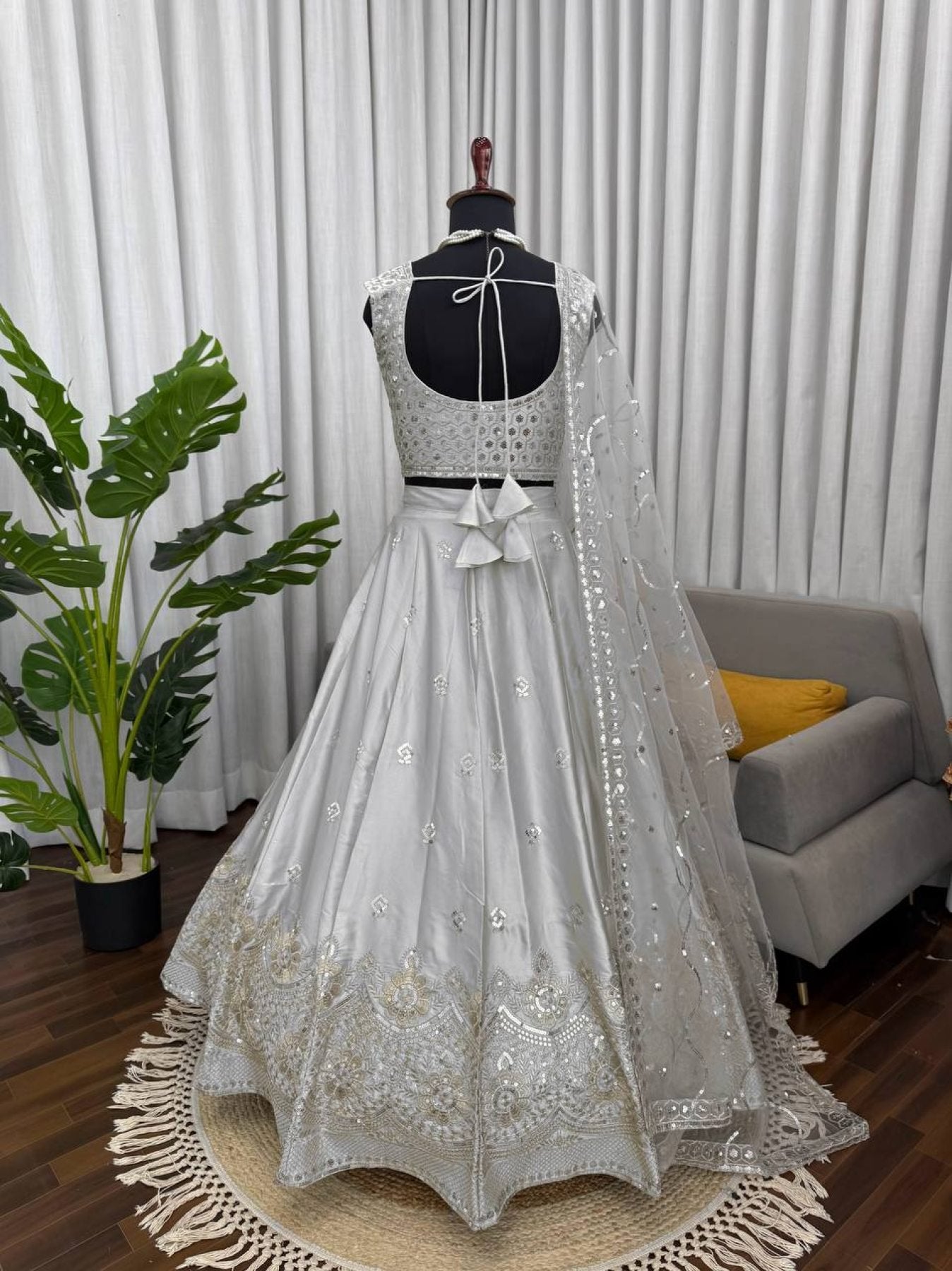 Grey Japan Satin Lehenga with Blouse Work for Wedding Wear detailed view
