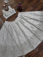 Grey Japan Satin Lehenga with Blouse Work for Wedding Wear embroidery close-up