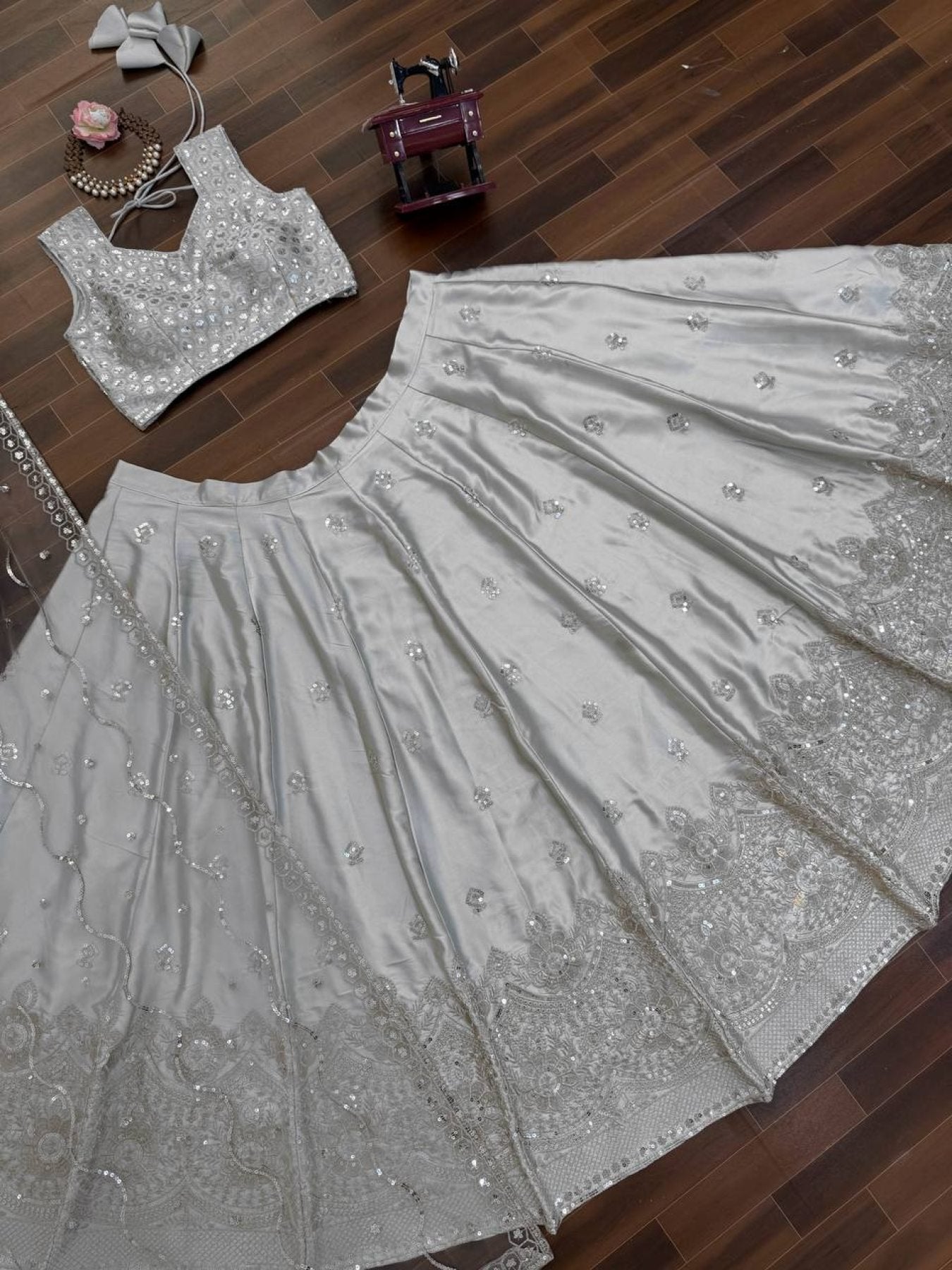 Grey Japan Satin Lehenga with Blouse Work for Wedding Wear embroidery close-up