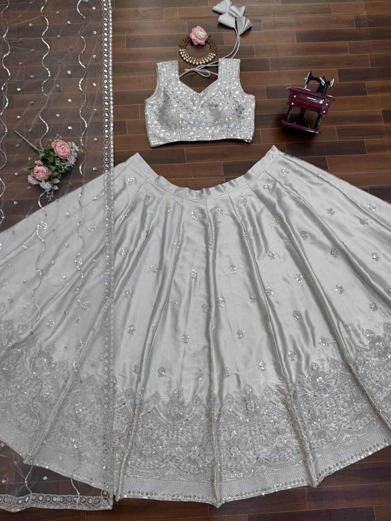 Grey Japan Satin Lehenga with Blouse Work for Wedding Wear fabric texture detail