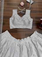 Grey Japan Satin Lehenga with Blouse Work for Wedding Wear back view