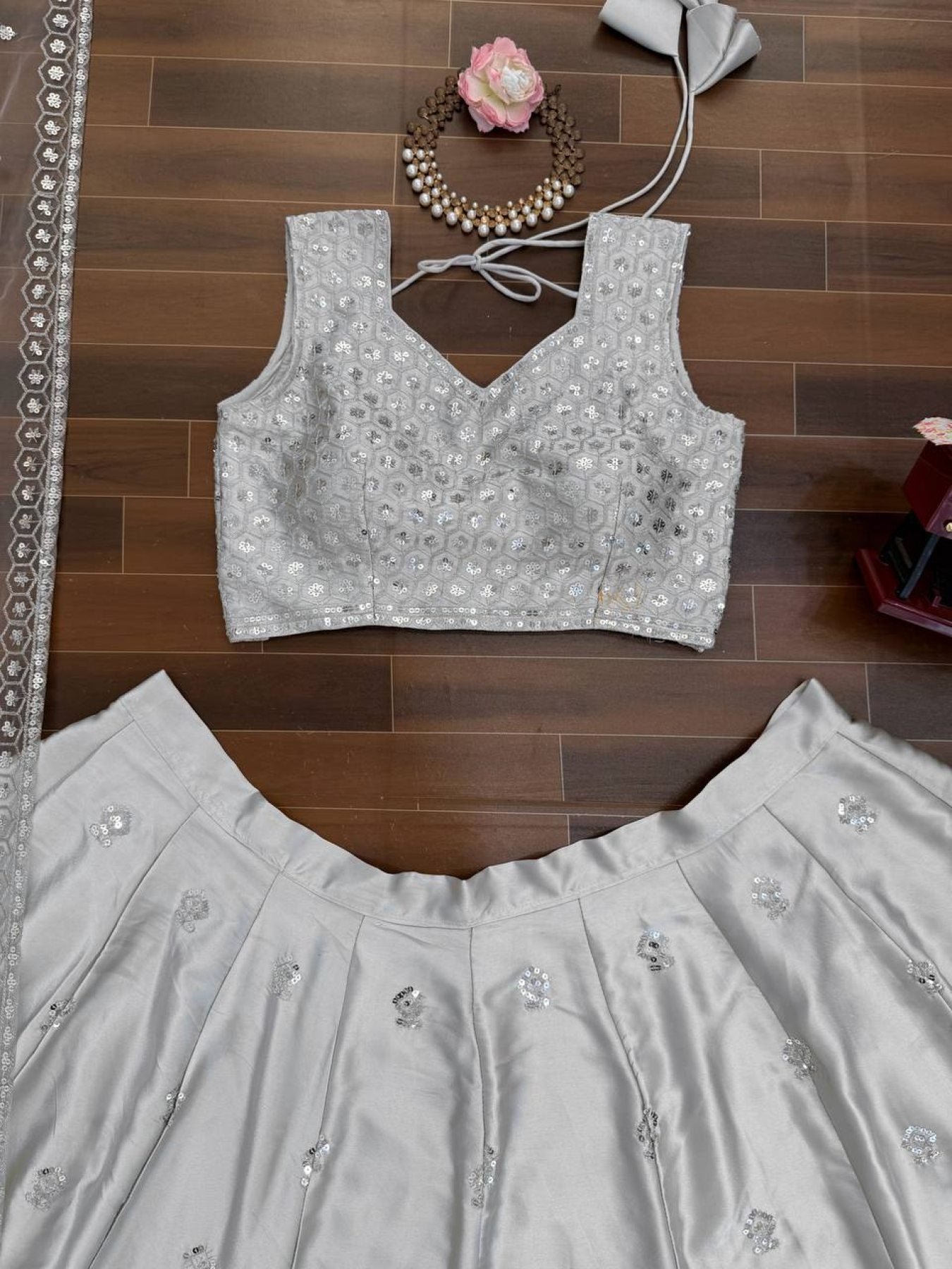 Grey Japan Satin Lehenga with Blouse Work for Wedding Wear back view