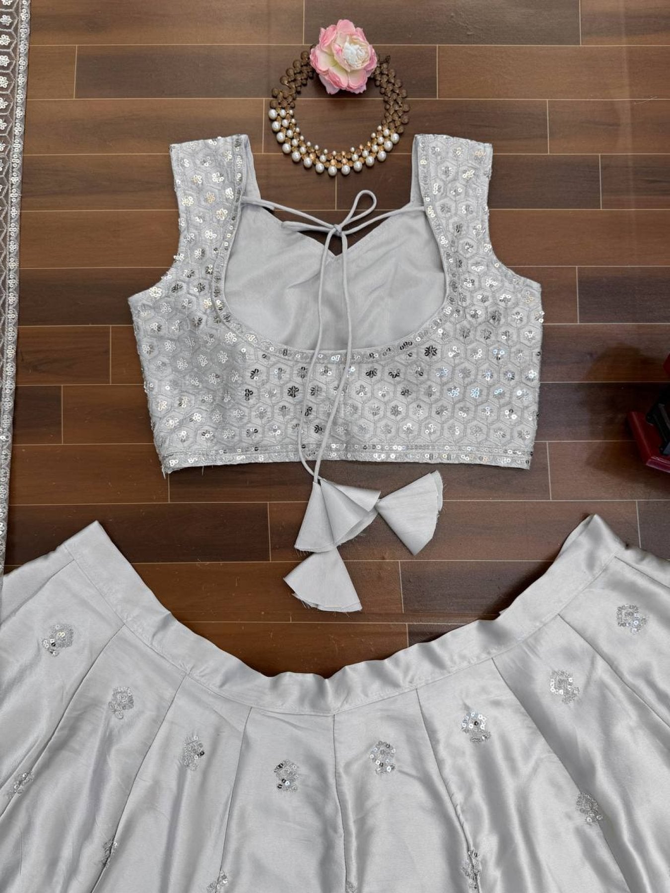 Grey Japan Satin Lehenga with Blouse Work for Wedding Wear styling view