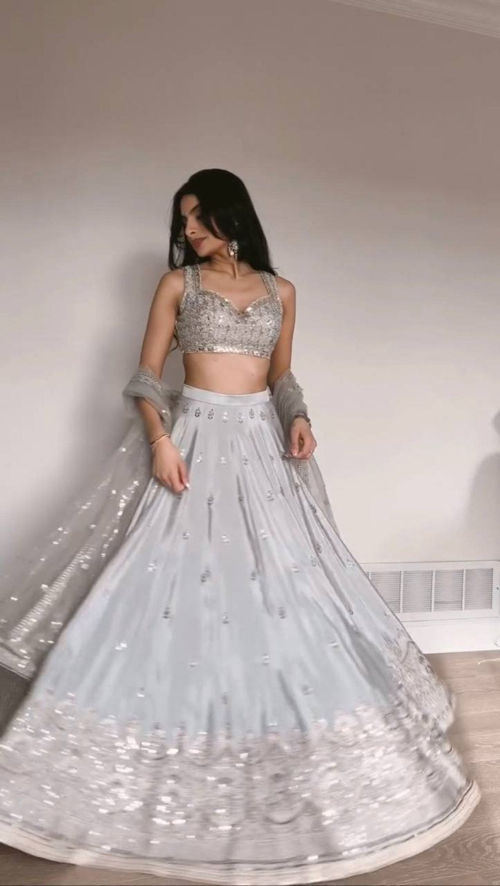 Grey Japan Satin Lehenga with Blouse Work for Wedding Wear full drape view