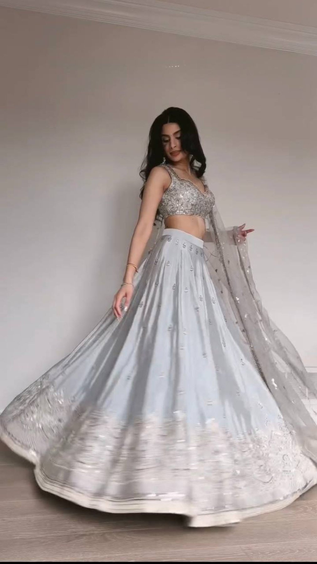 Grey Japan Satin Lehenga with Blouse Work for Wedding Wear embroidery close-up