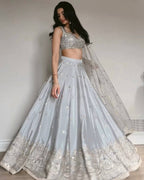 Grey Japan Satin Lehenga with Blouse Work for Wedding Wear fabric texture detail