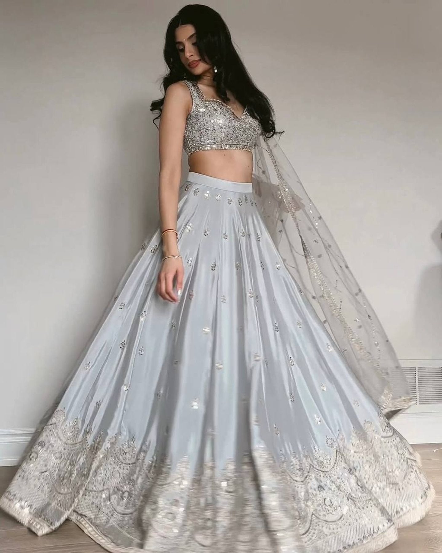 Grey Japan Satin Lehenga with Blouse Work for Wedding Wear fabric texture detail