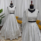 Grey Japan Satin Lehenga with Blouse Work for Wedding Wear back view