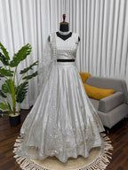 Grey Japan Satin Lehenga with Blouse Work for Wedding Wear styling view