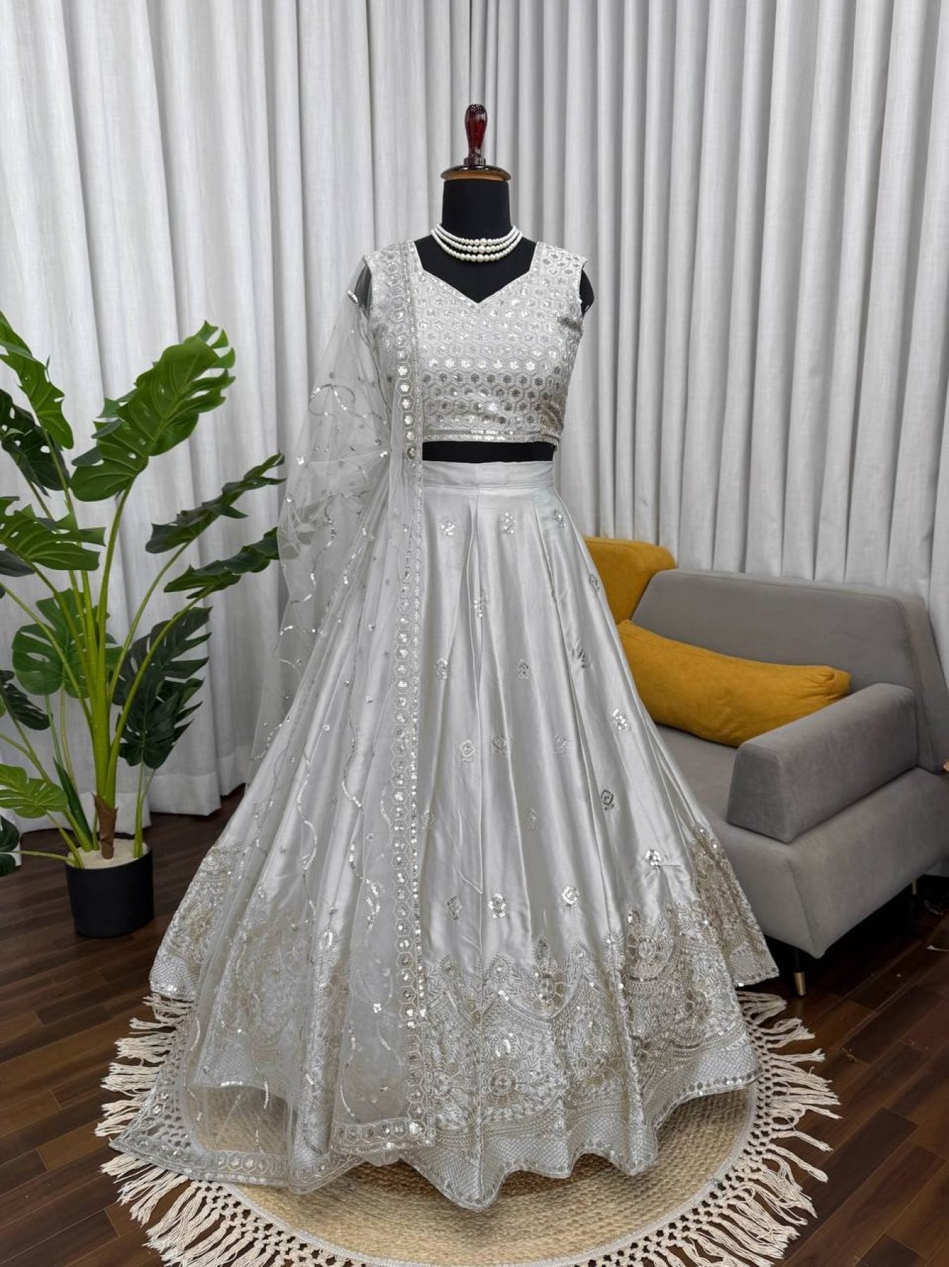 Grey Japan Satin Lehenga with Blouse Work for Wedding Wear styling view