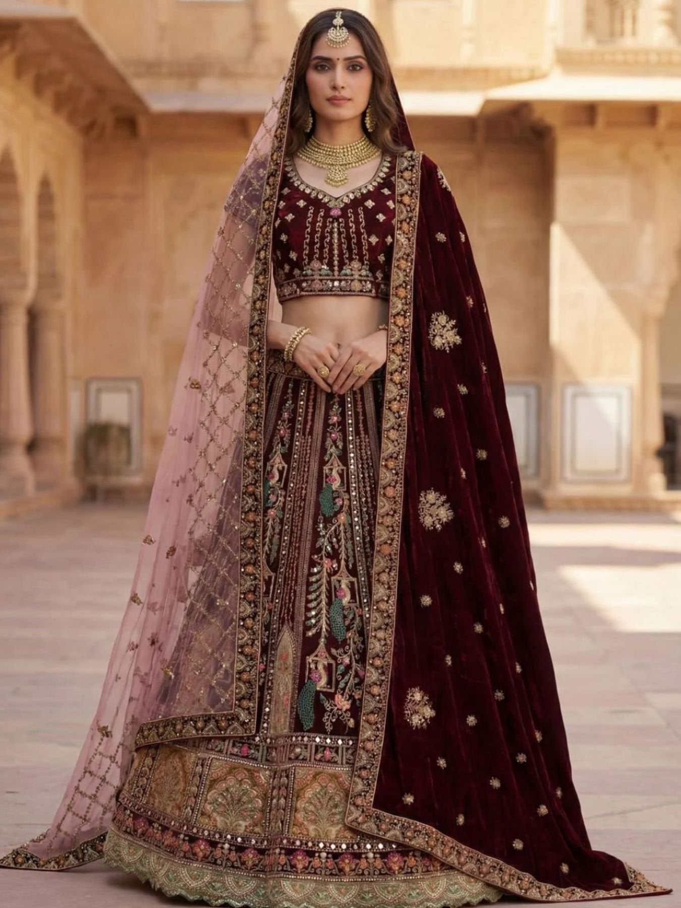 Durable Velvet Bridal Lehenga with Zari and Mirror Work for Wedding Wear styling view