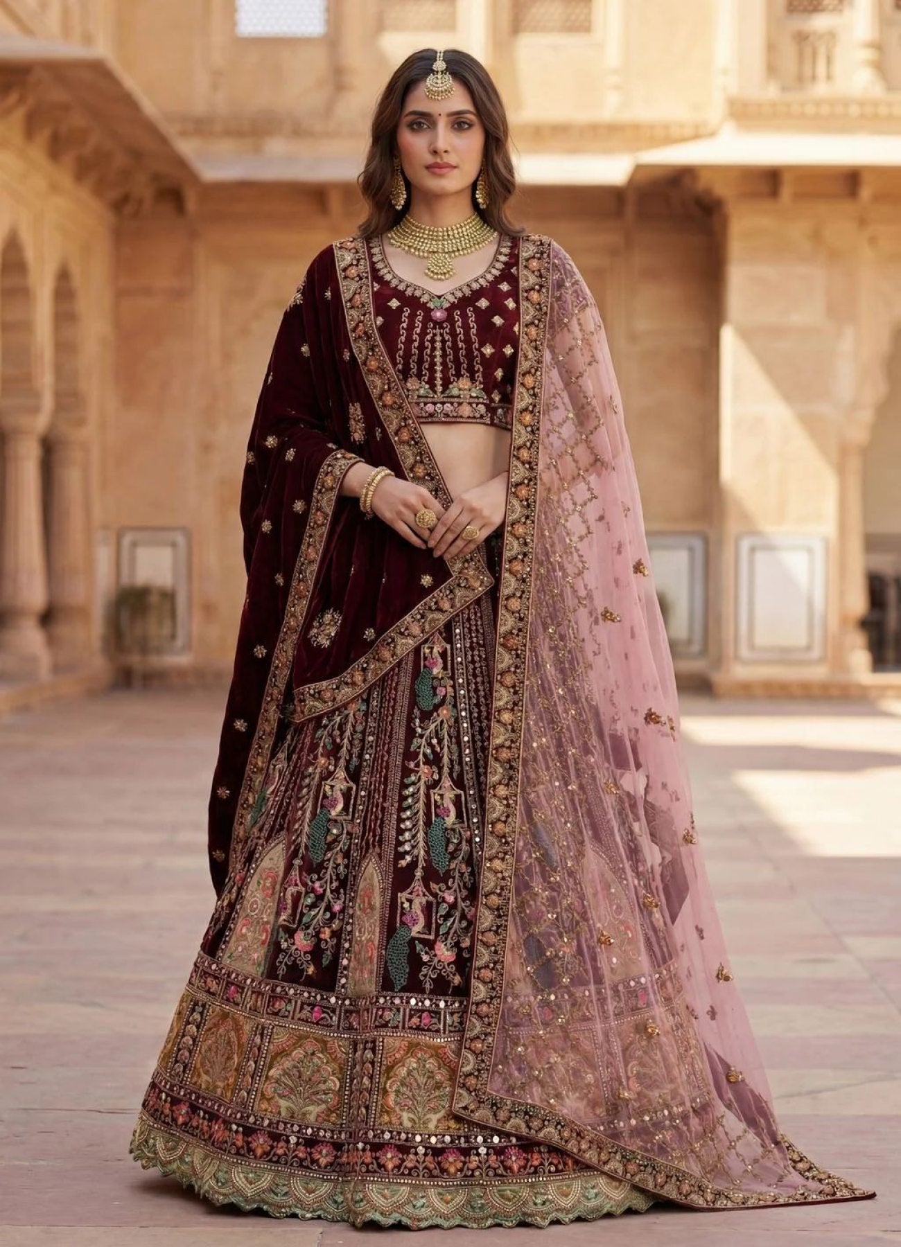 Durable Velvet Bridal Lehenga with Zari and Mirror Work for Wedding Wear colour variant view