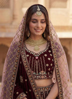 Durable Velvet Bridal Lehenga with Zari and Mirror Work for Wedding Wear front view