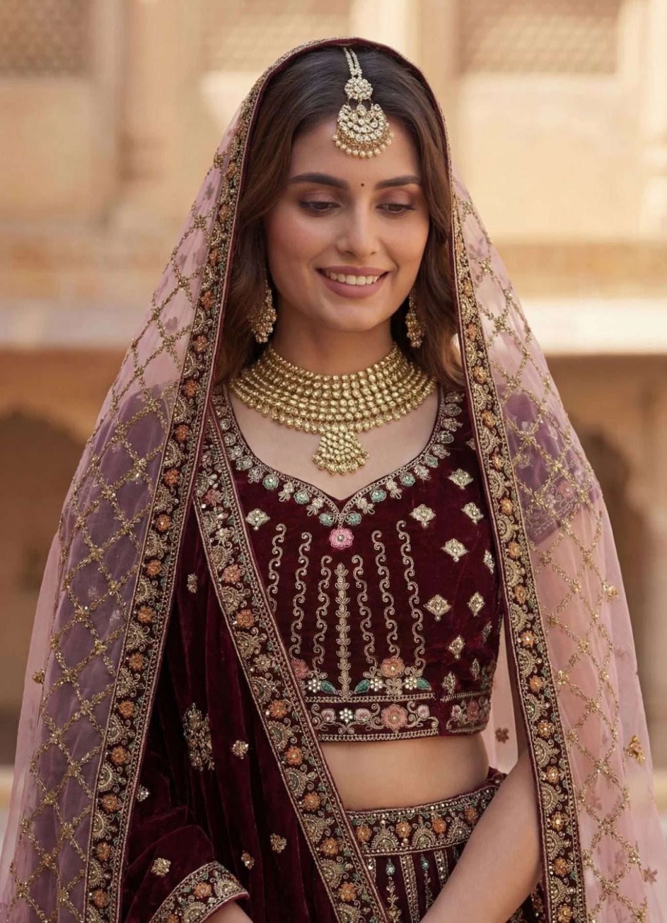 Durable Velvet Bridal Lehenga with Zari and Mirror Work for Wedding Wear front view