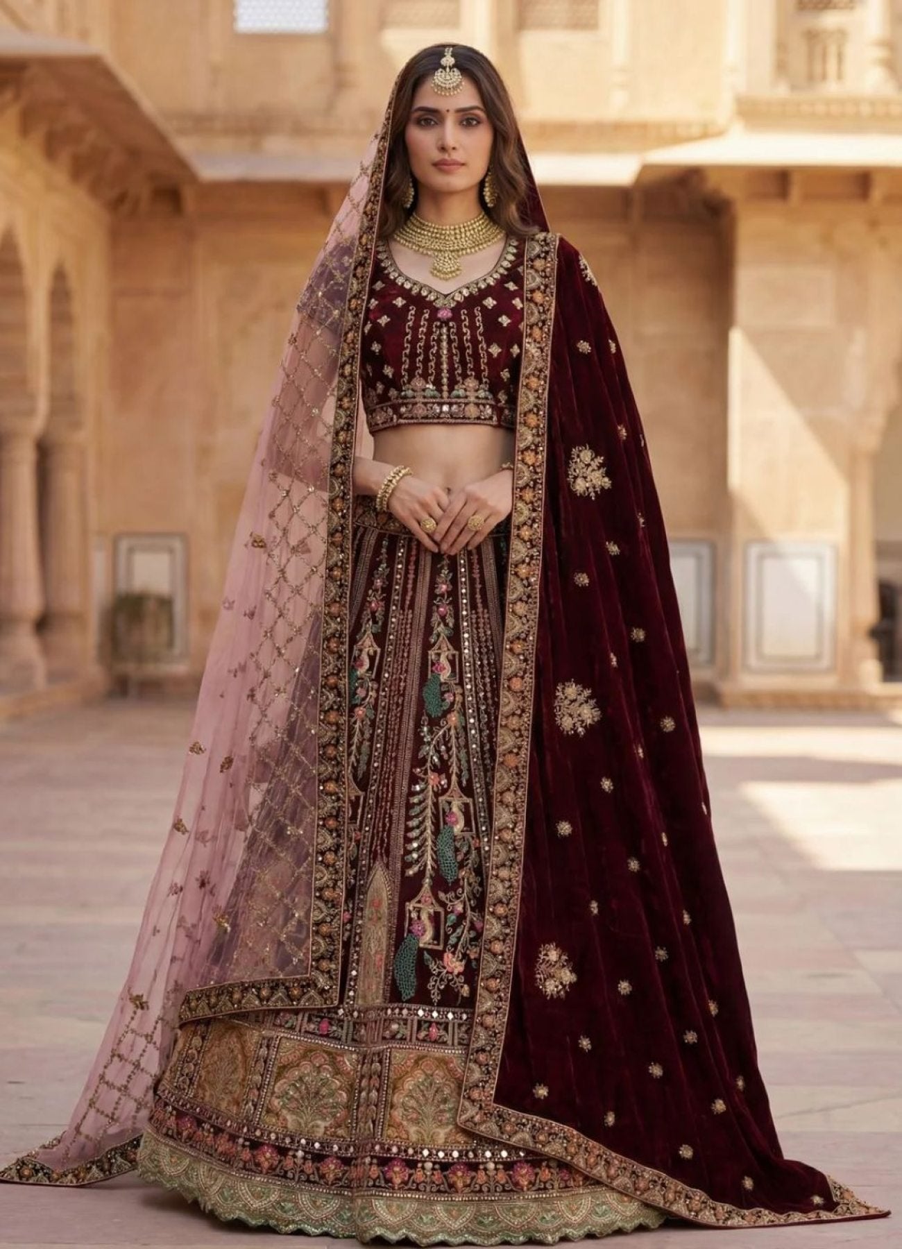 Durable Velvet Bridal Lehenga with Zari and Mirror Work for Wedding Wear full drape view