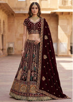 Durable Velvet Bridal Lehenga with Zari and Mirror Work for Wedding Wear blouse and dupatta detail