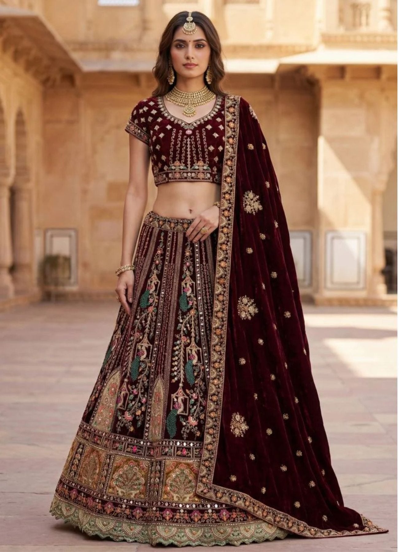Durable Velvet Bridal Lehenga with Zari and Mirror Work for Wedding Wear blouse and dupatta detail
