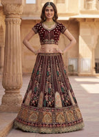 Durable Velvet Bridal Lehenga with Zari and Mirror Work for Wedding Wear embroidery close-up